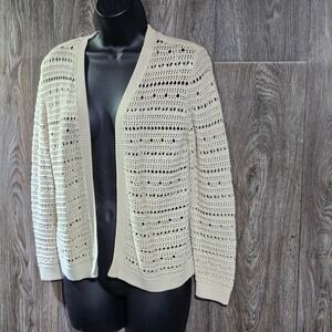 Ann Taylor Factory XS Open Knit Cardigan Sweater Beige‎ Cotton Blend Long Sleeve